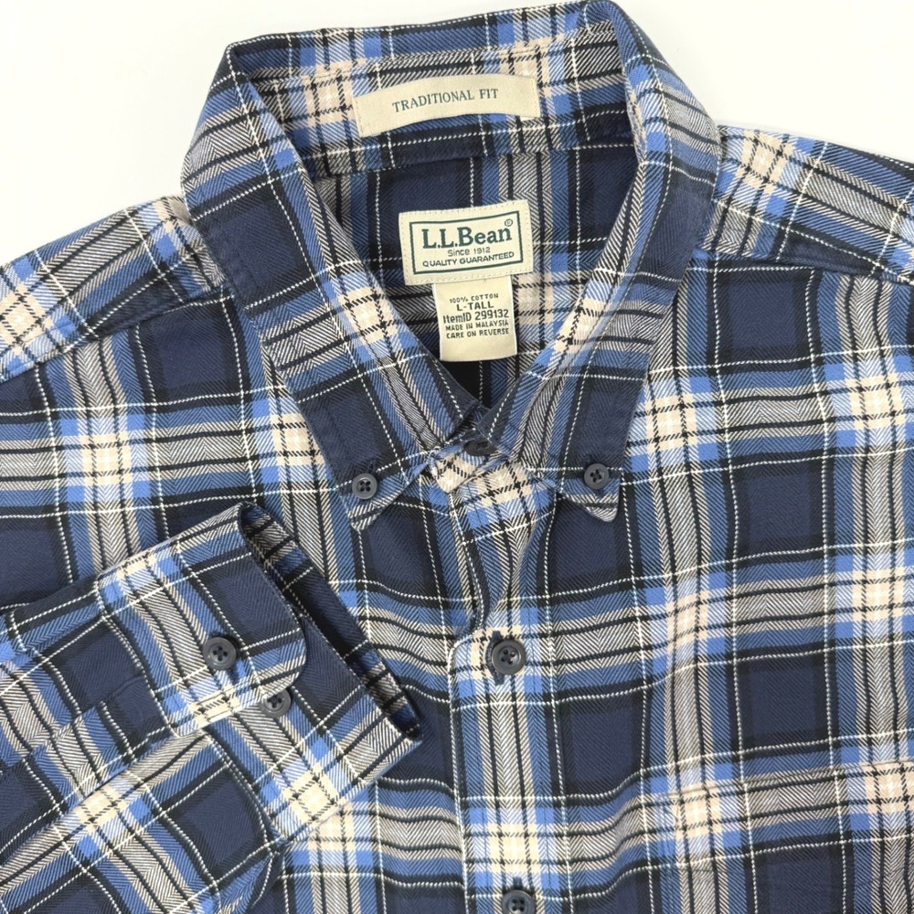 LL Bean Mens Large Tall Traditional Fit Blue Plaid Cotton Flannel Shirt‎